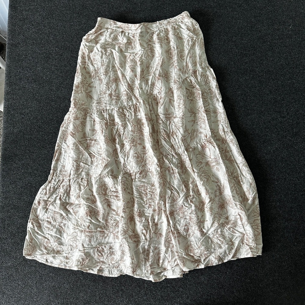 Sincerely Jules Floral Tiered Maxi Skirt Cream Tan Boho Rayon Lined Large